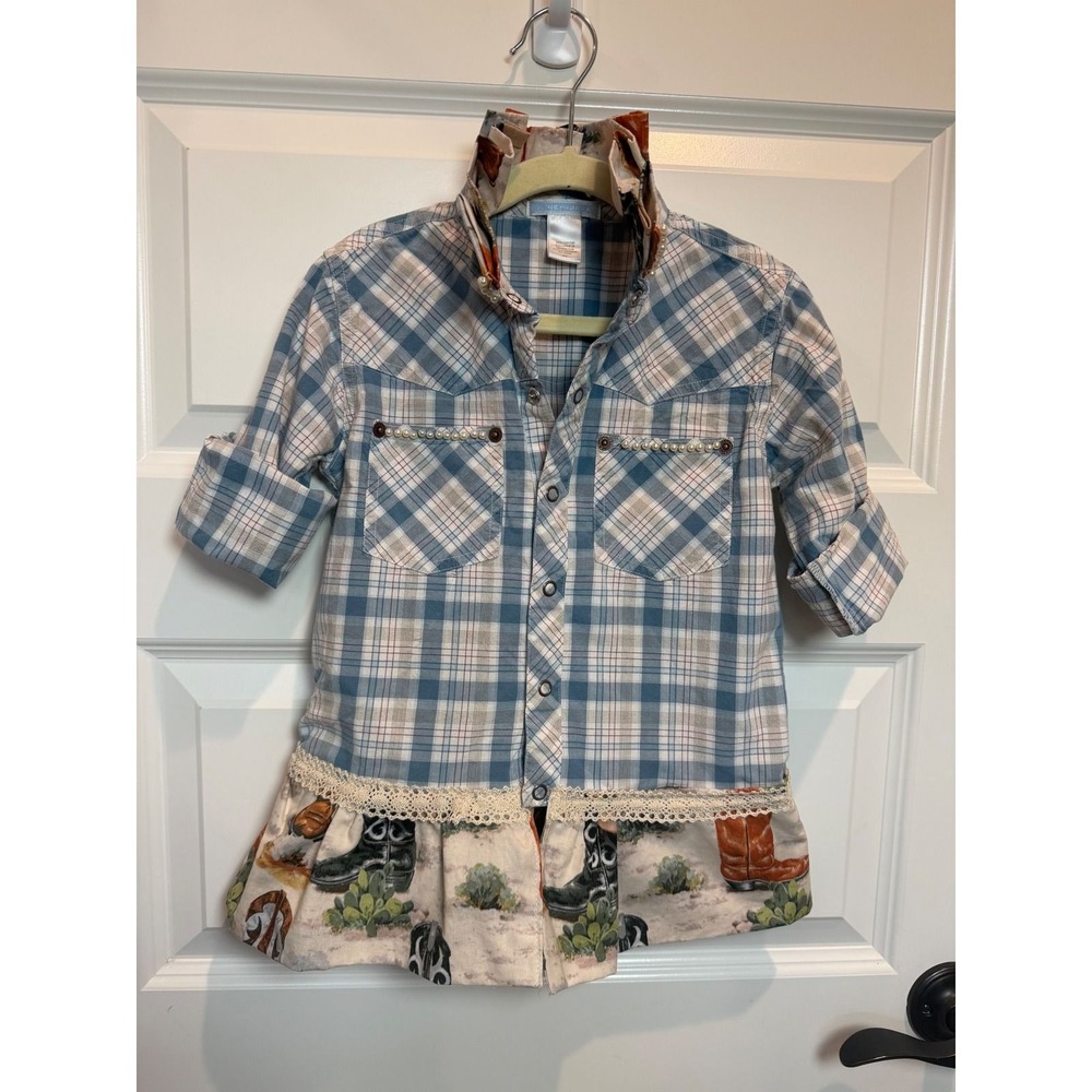 Janie and Jack Girls Blue Plaid Western Cowboy Boot Lace Pearl Shirt 4T